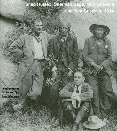 Arapaho warrior Sherman Sage with Shep Husted, Gun Griswold and Tom Crispin