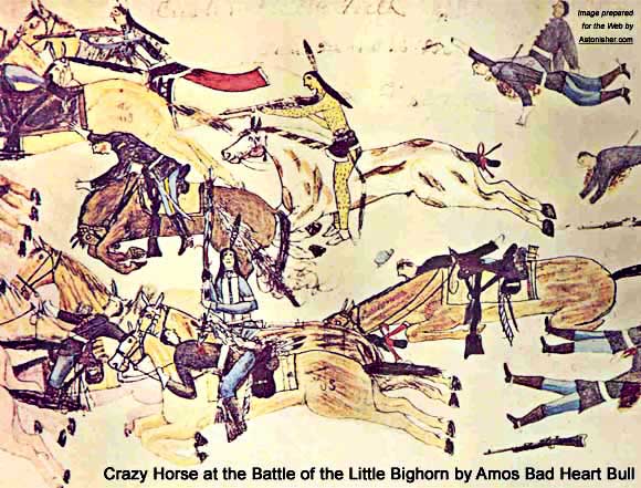 Detail from pictograph by Amos Bad Heart Bull showing Crazy Horse at the Battle of the Little Bighorn