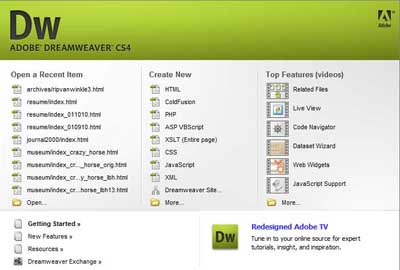 Startup splash screen for Adobe Dreamweaver CS4