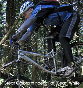 Great Galbraith Mt. Riders: Pat "The Bear" White on the Big Rock on Cedar Dust on Galbraith Mt. in Bellingham, WA