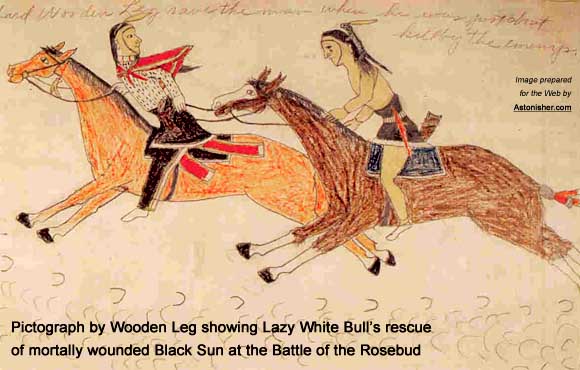Pictograph by Cheyenne warrior Wooden Leg showing Minneconjou Sioux warrior Lazy White Bull's rescue of mortally wounded Black Sun, the only Cheyenne killed at the Battle of the Rosebud