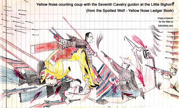 Yellow Nose counts coup with the Seventh Cavalry guidon at the Battle of the Little Bighorn, from the Spotted Wolf - Yellow Nose Ledger Book