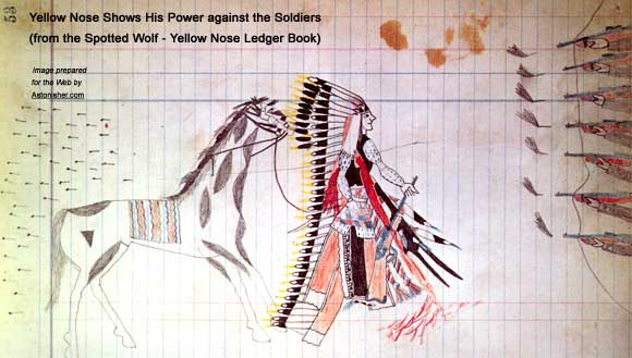Yellow Nose shows his power against the soldiers, from the Spotted Wolf - Yellow Nose Ledger Book