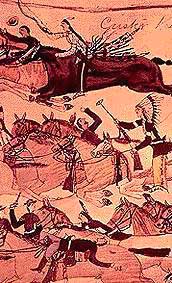 Detail from pictograph by Amos Bad Heart Bull showing Crazy Horse at the Battle of the Little Bighorn