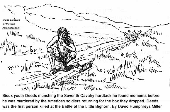 Sioux youth deeds munces the hardtack he found moments before he was murdred by American soldiers at the outset of the Battle of the Little Bighorn