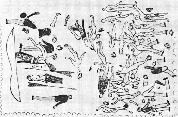 Red Horse's 1881 pictograph of the Seventh Cavalry dead at the Battle of the Little Bighorn.