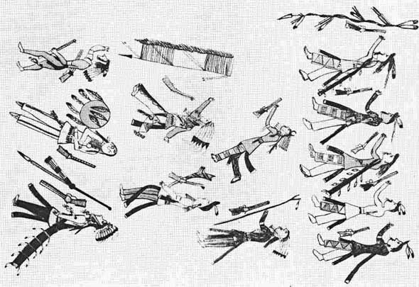 Red Horse's 1881 pictograph of Lakota and Cheyenne dead at the Battle of the Little Bighorn.