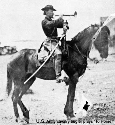 U.S. Army cavalry bugler plays "to horse!"